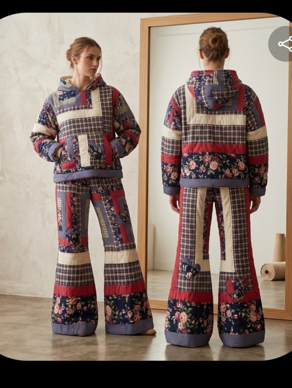 Upcycled Quilted Hoodie & Bell Bottom Pants Set L-XL Tall Dont Throw It Out